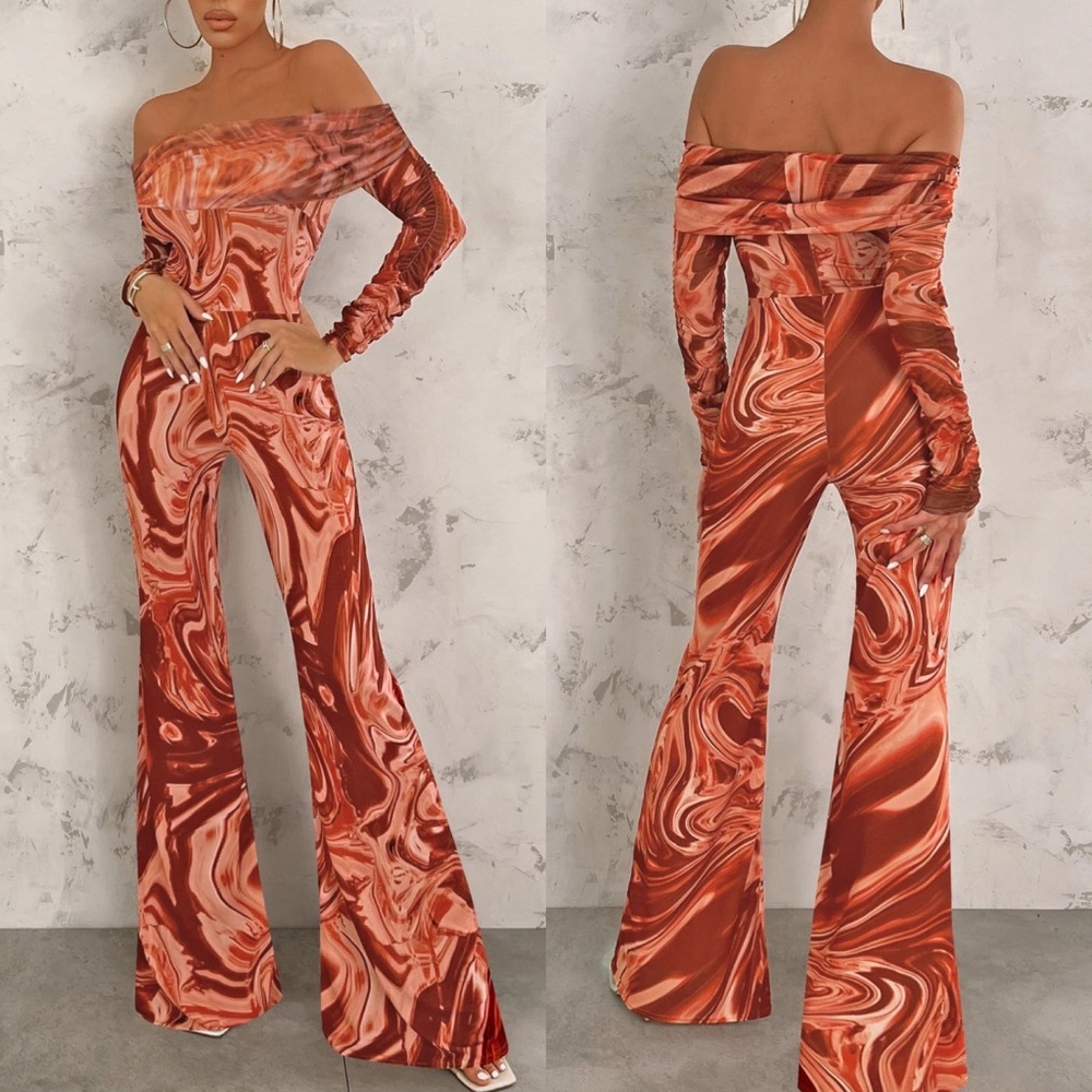 Club L London Off-Shoulder Swirl Jumpsuit in Red and Orange